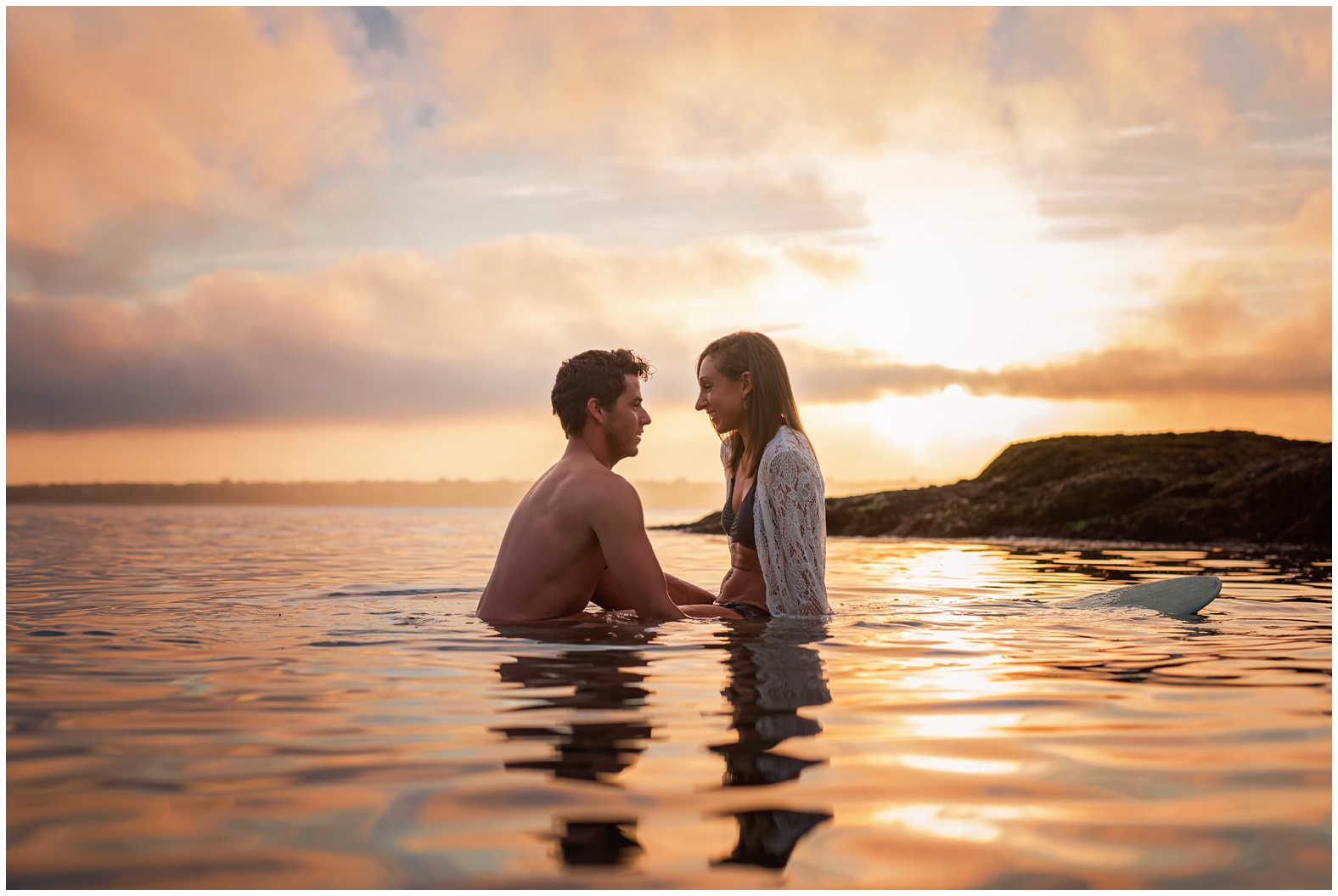 Surf beach sunset engagement session in jamestown rhode island